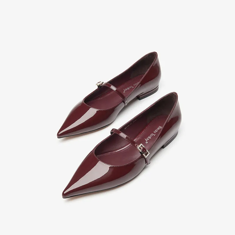BeauToday Handmade Pointed Toe Soft Leather Flats Womens Mary Jane Shoes with Metal Buckle Closure