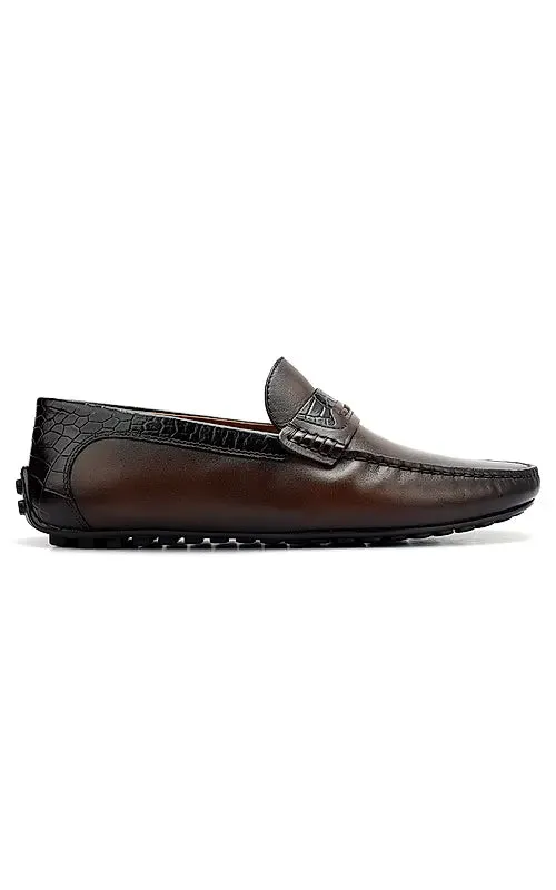 Brown Leather Moccasins With Panel On Top