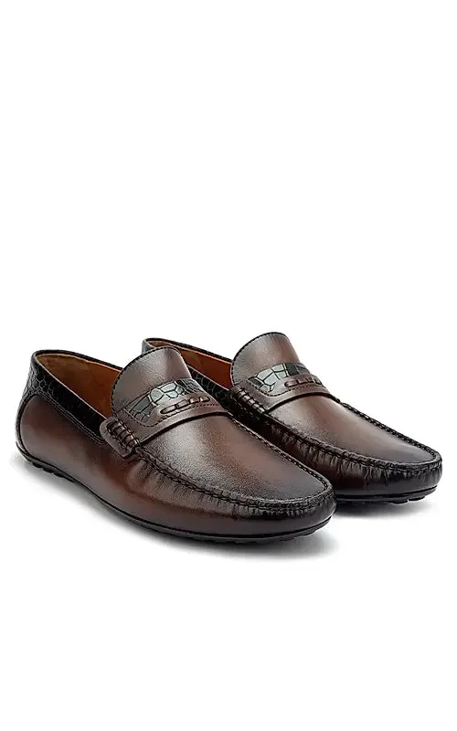 Brown Leather Moccasins With Panel On Top
