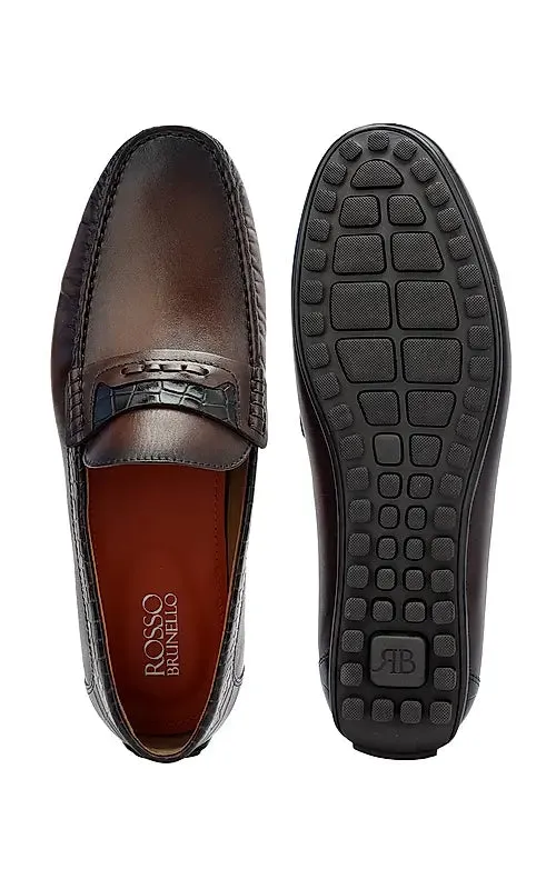 Brown Leather Moccasins With Panel On Top