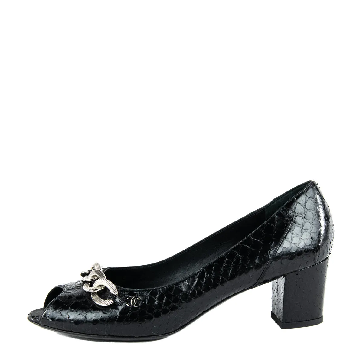 Chanel Black Python Chain CC Peep Toe Pumps Size US 10.5 | EU 40.5