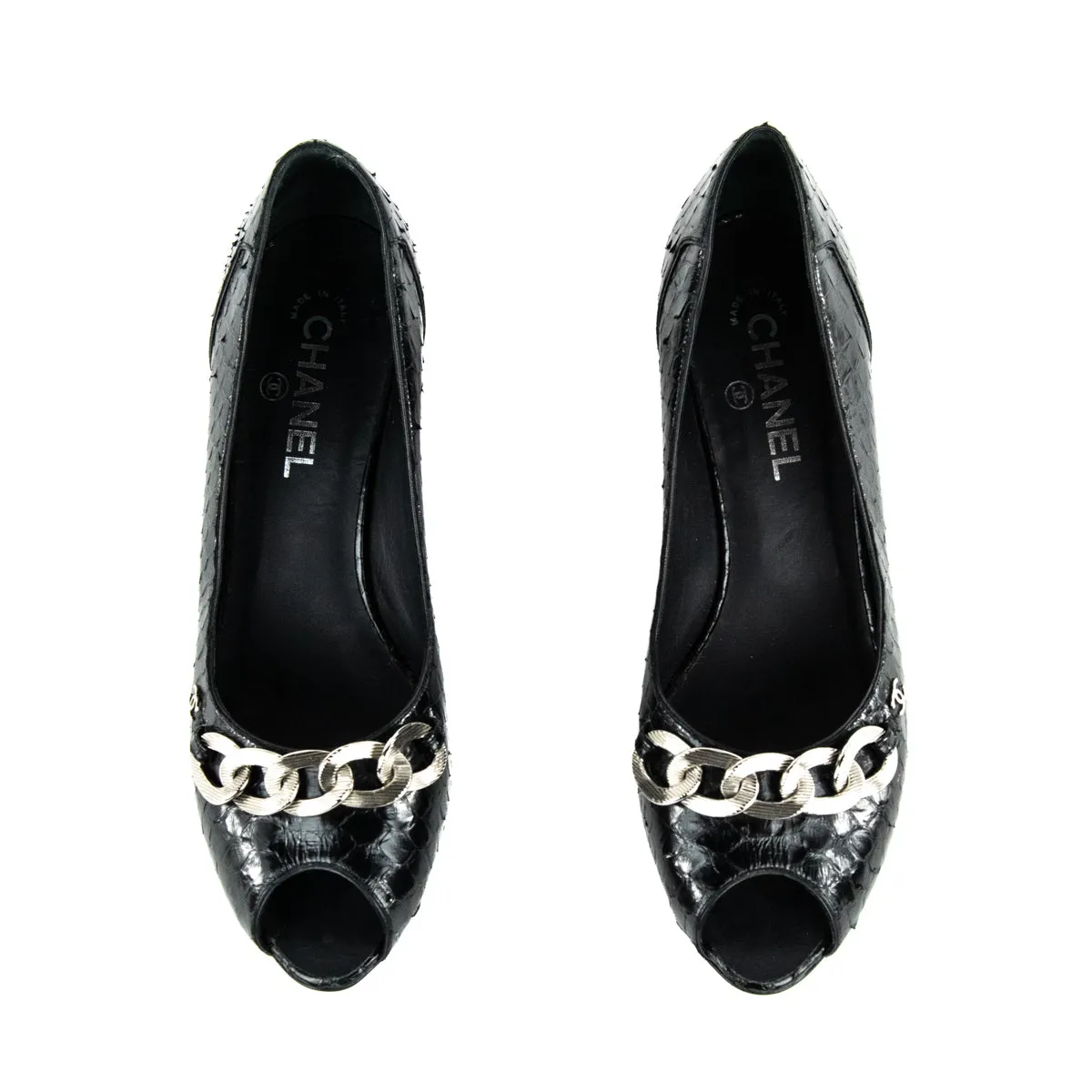 Chanel Black Python Chain CC Peep Toe Pumps Size US 10.5 | EU 40.5