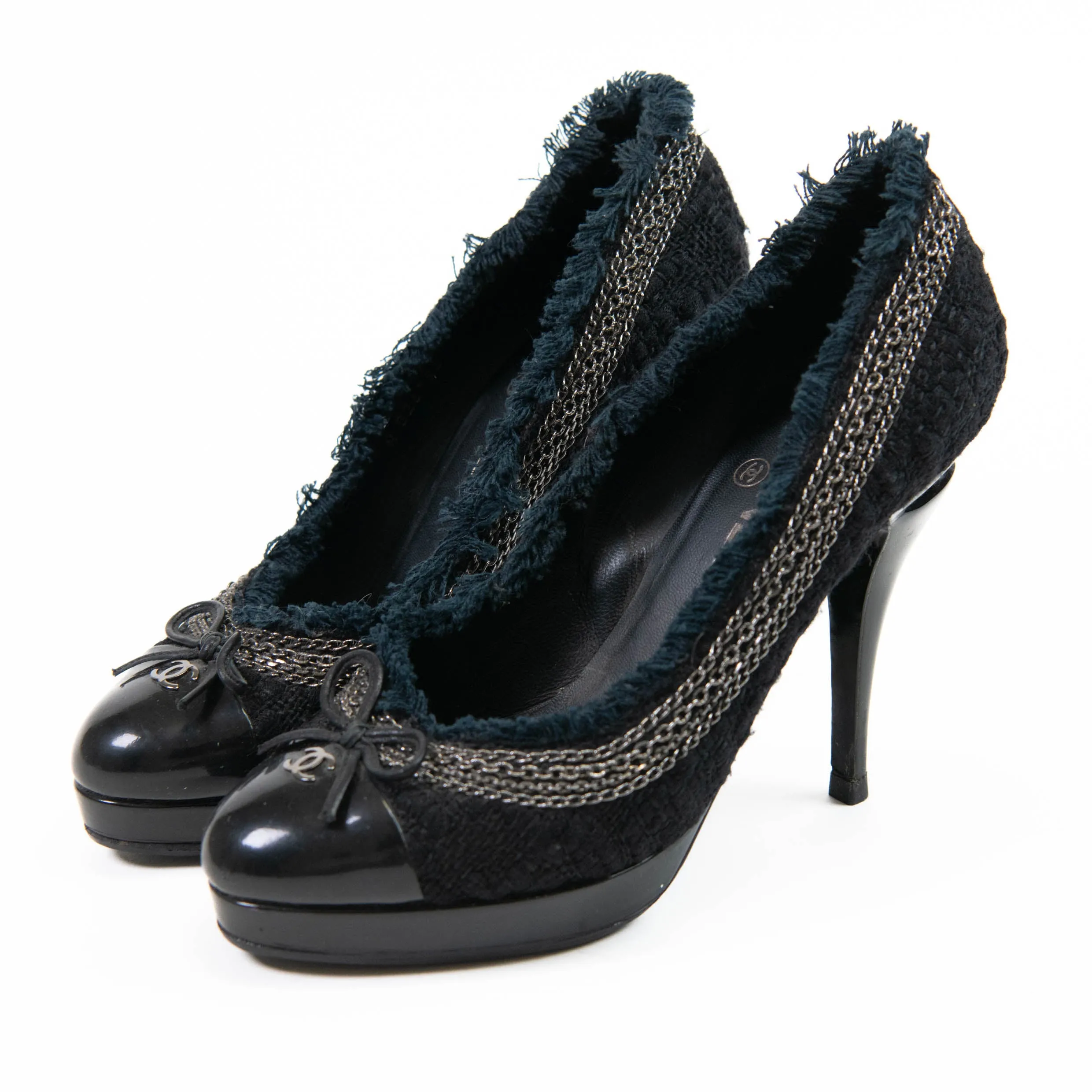 Chanel Black Tweed Patent Cap Toe CC Chain Pumps 37.5