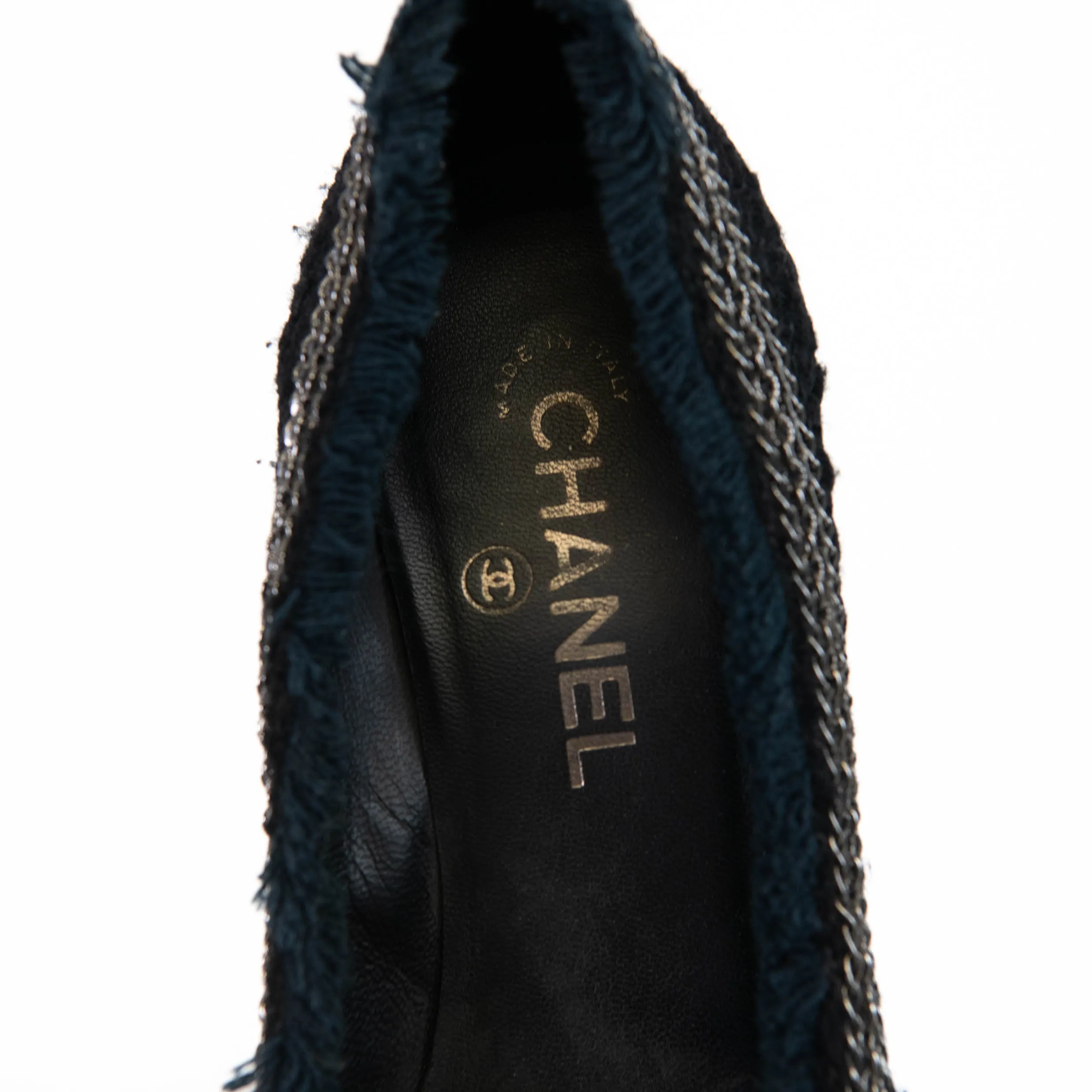 Chanel Black Tweed Patent Cap Toe CC Chain Pumps 37.5