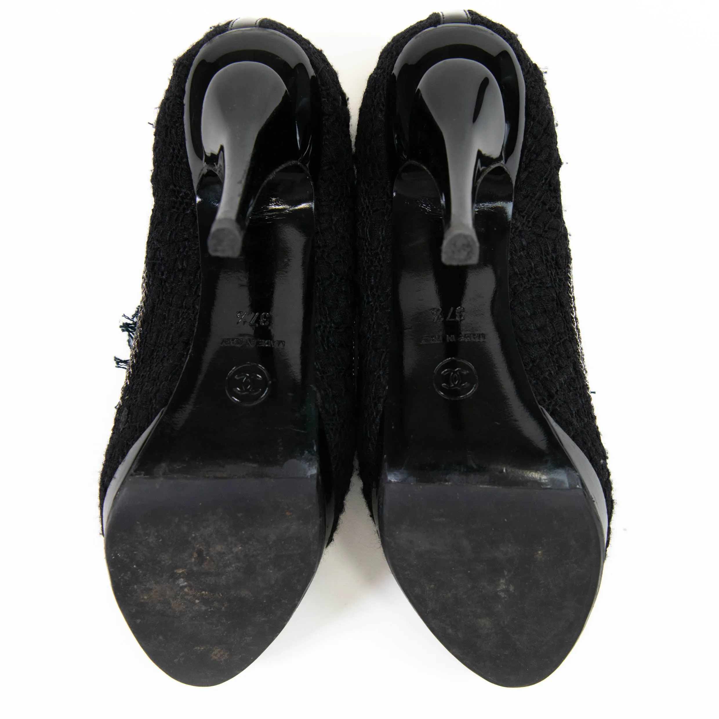 Chanel Black Tweed Patent Cap Toe CC Chain Pumps 37.5