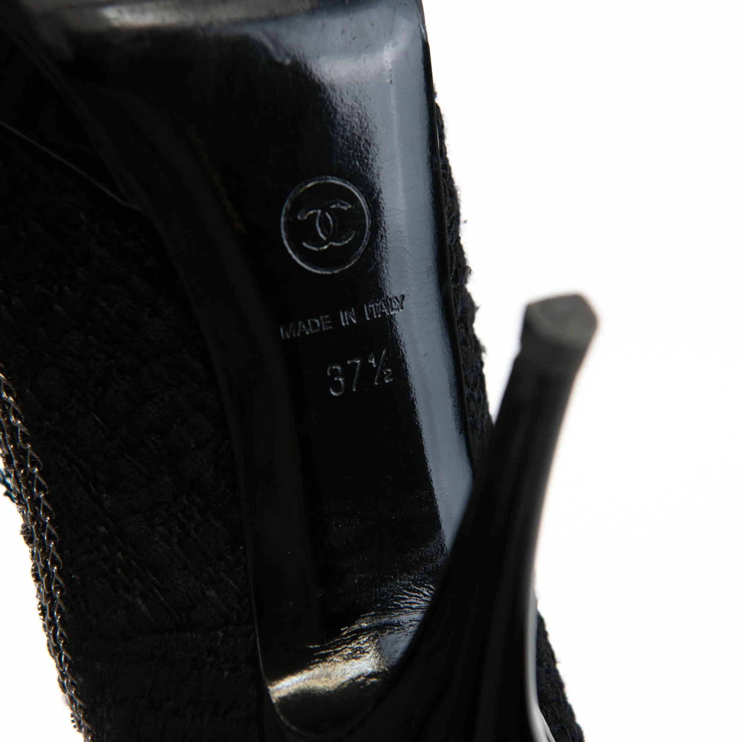 Chanel Black Tweed Patent Cap Toe CC Chain Pumps 37.5