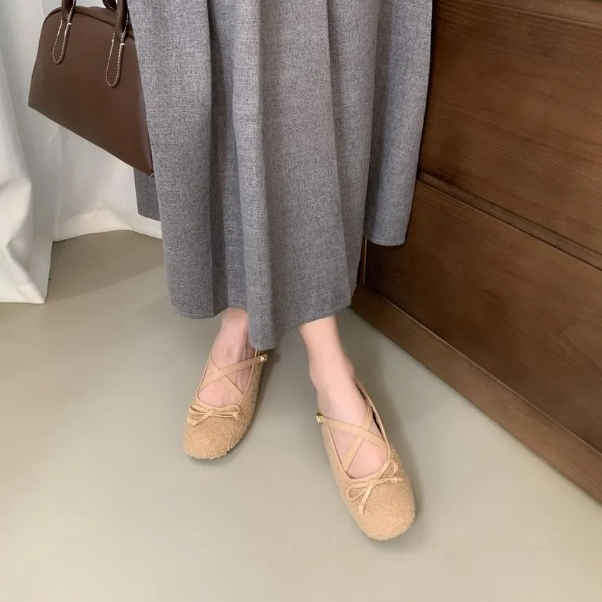Cross Strap Plain Bow Accent Fleece Mary Jane Flats