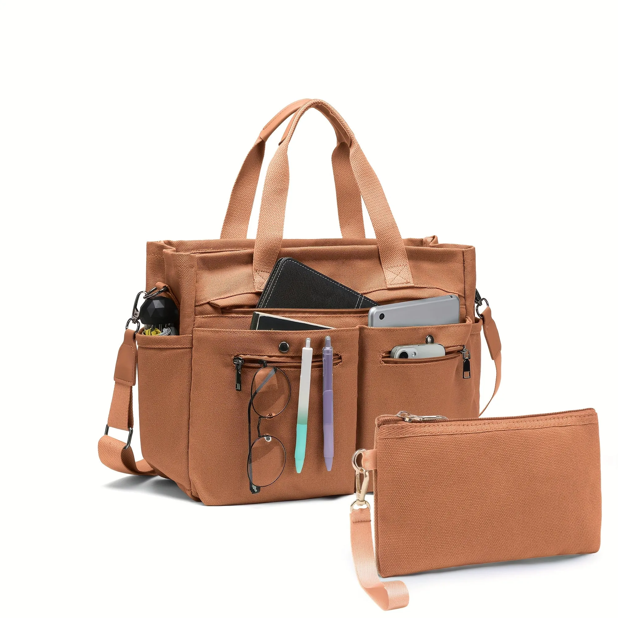 Crossbody Canvas Shoulder Bag Multi-functional Laptop Work Handbag 2pc Set