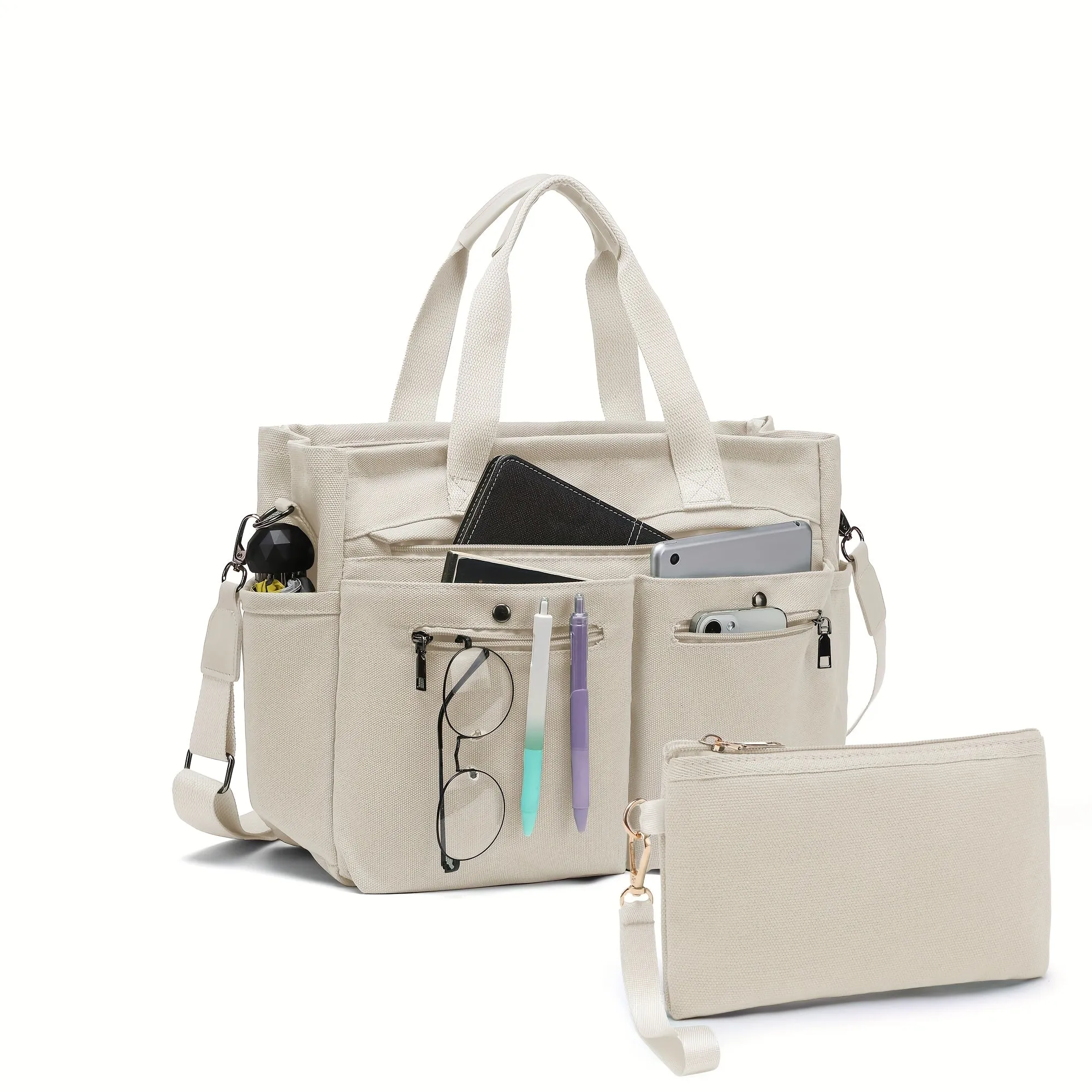 Crossbody Canvas Shoulder Bag Multi-functional Laptop Work Handbag 2pc Set