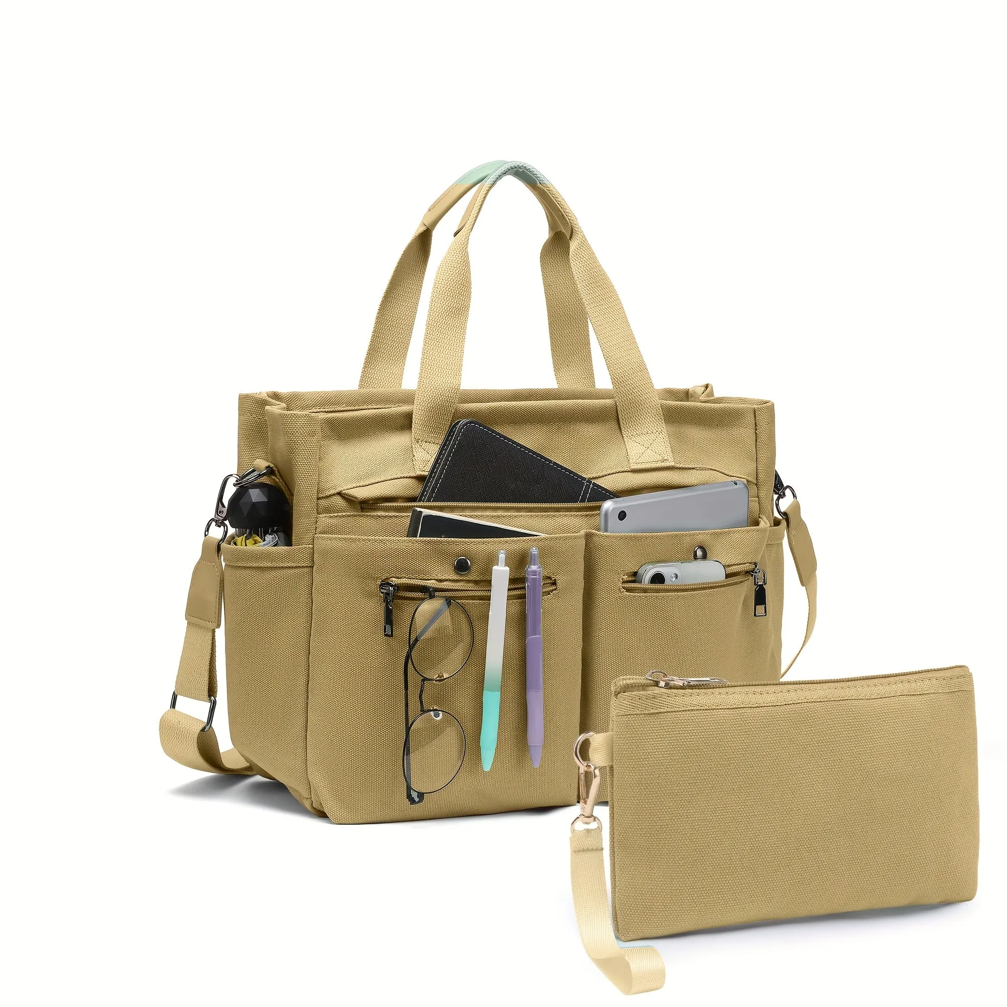 Crossbody Canvas Shoulder Bag Multi-functional Laptop Work Handbag 2pc Set