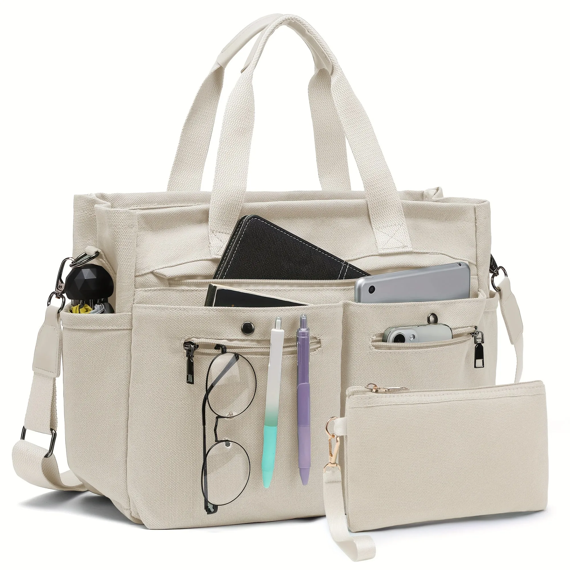 Crossbody Canvas Shoulder Bag Multi-functional Laptop Work Handbag 2pc Set