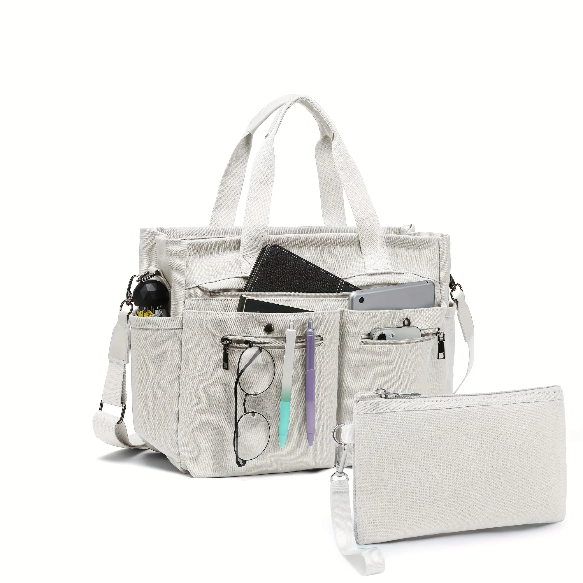 Crossbody Canvas Shoulder Bag Multi-functional Laptop Work Handbag 2pc Set