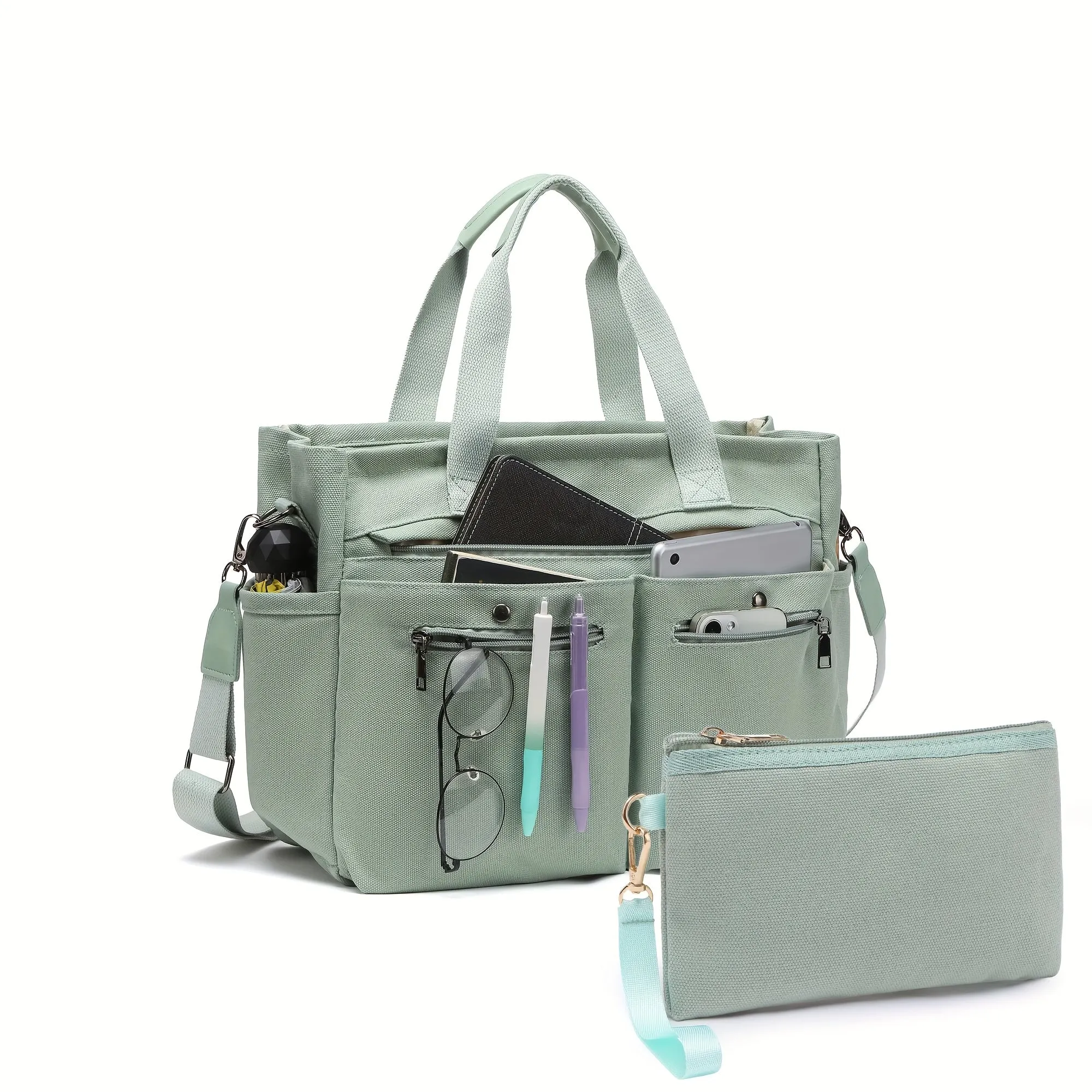 Crossbody Canvas Shoulder Bag Multi-functional Laptop Work Handbag 2pc Set