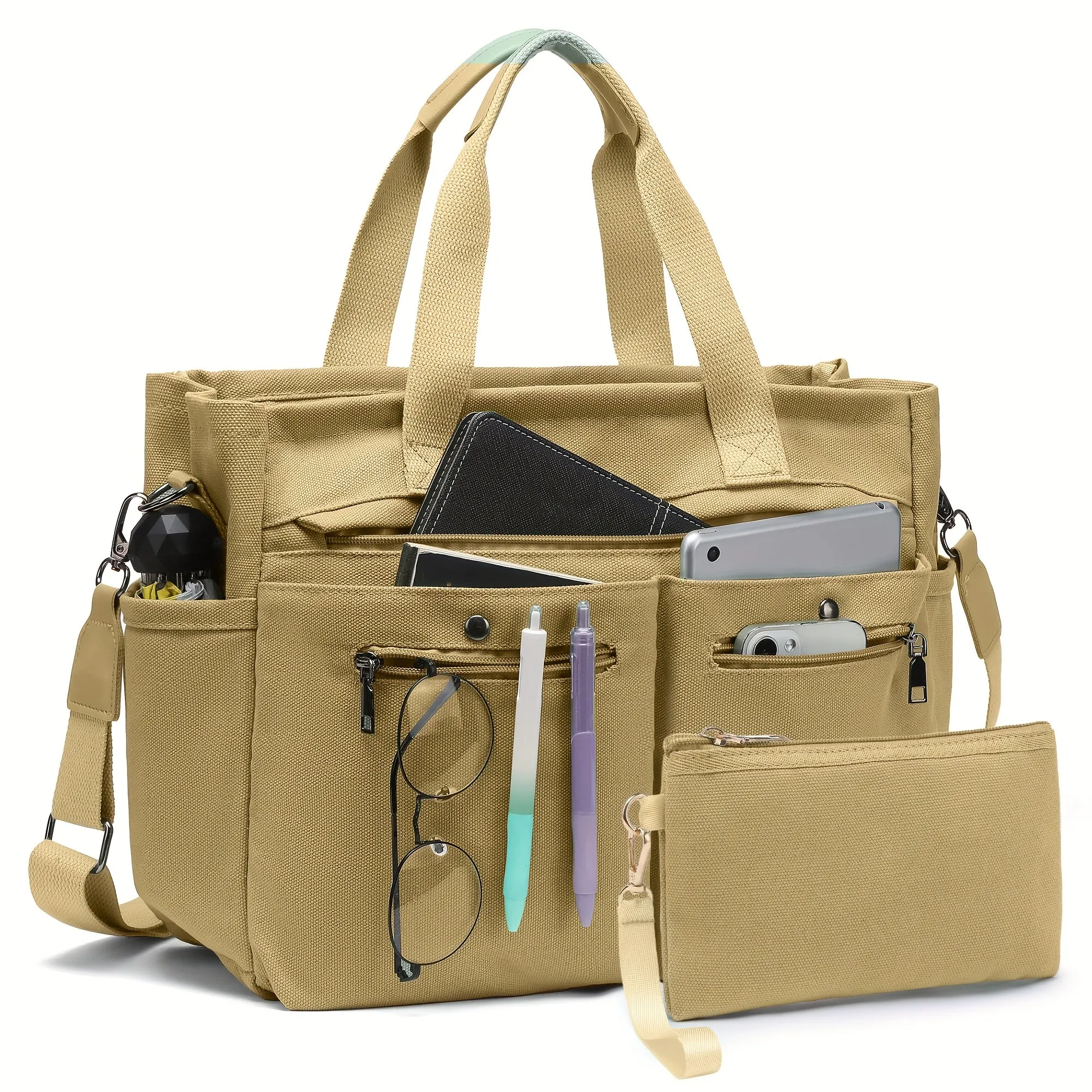 Crossbody Canvas Shoulder Bag Multi-functional Laptop Work Handbag 2pc Set