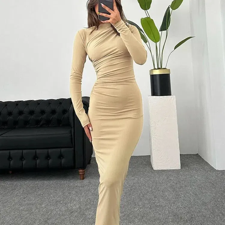 Cutenew Women's Elegant Solid O-neck Patchwork Maxi Dress