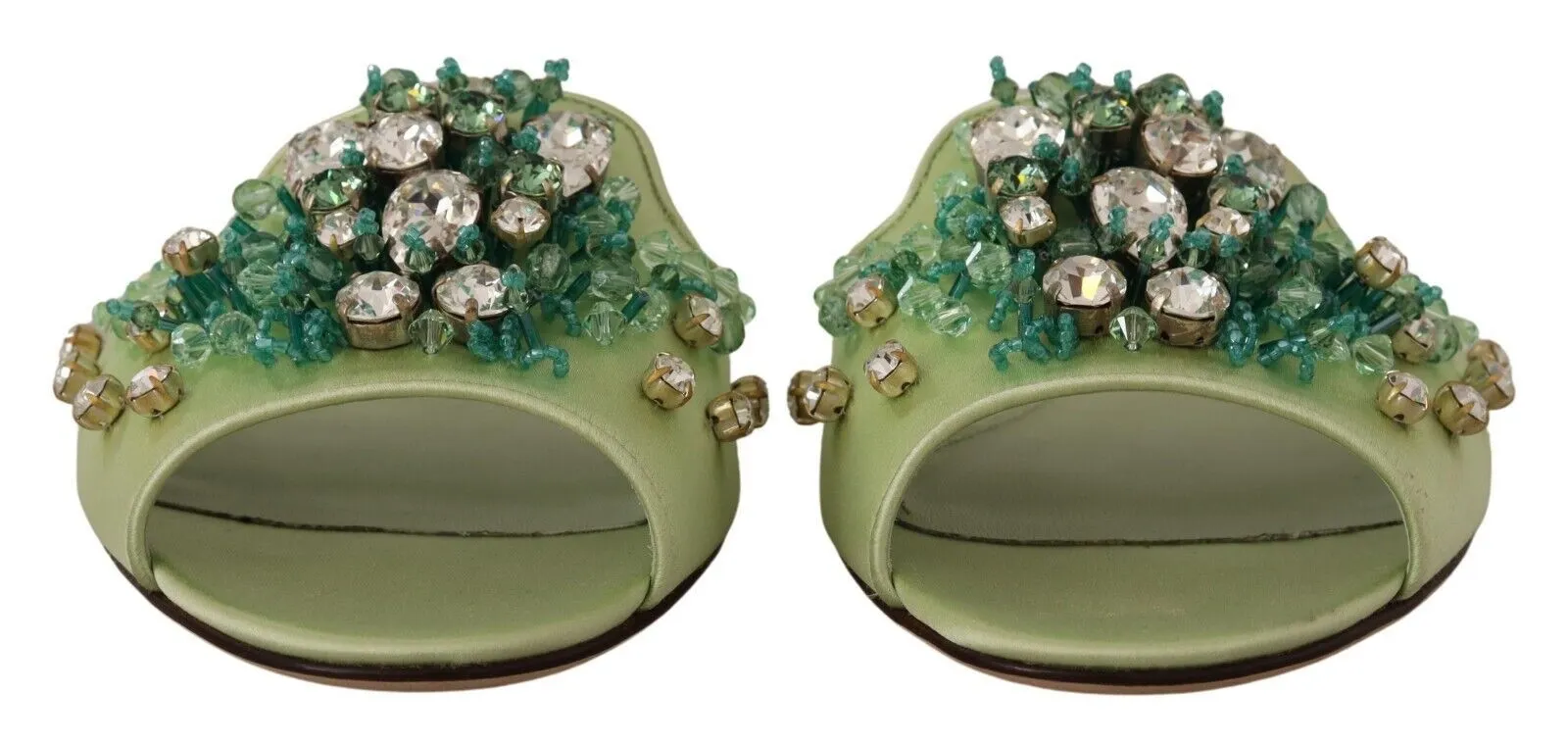 Elegant Crystal-Embellished Green Leather Slides