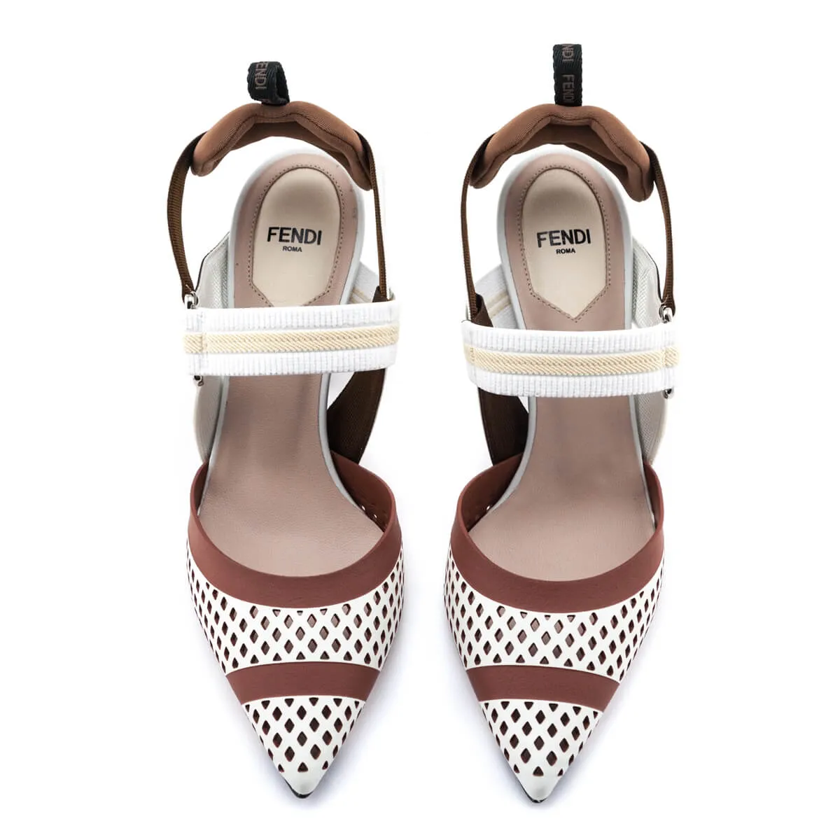 Fendi White & Brown Lasercut Colibri Slingback Pumps Size US 8 | EU 38