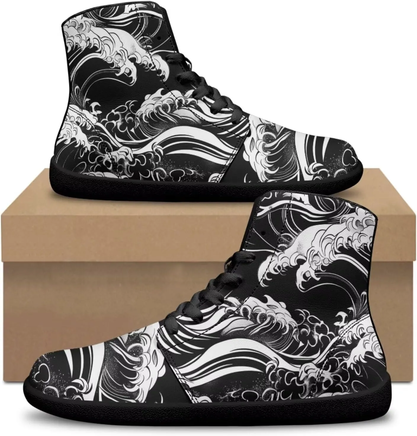 Howilath High Top Sneakers for Men PU Leather Minimalist Barefoot Shoes Zero Drop Sole Trail Running Sneakers