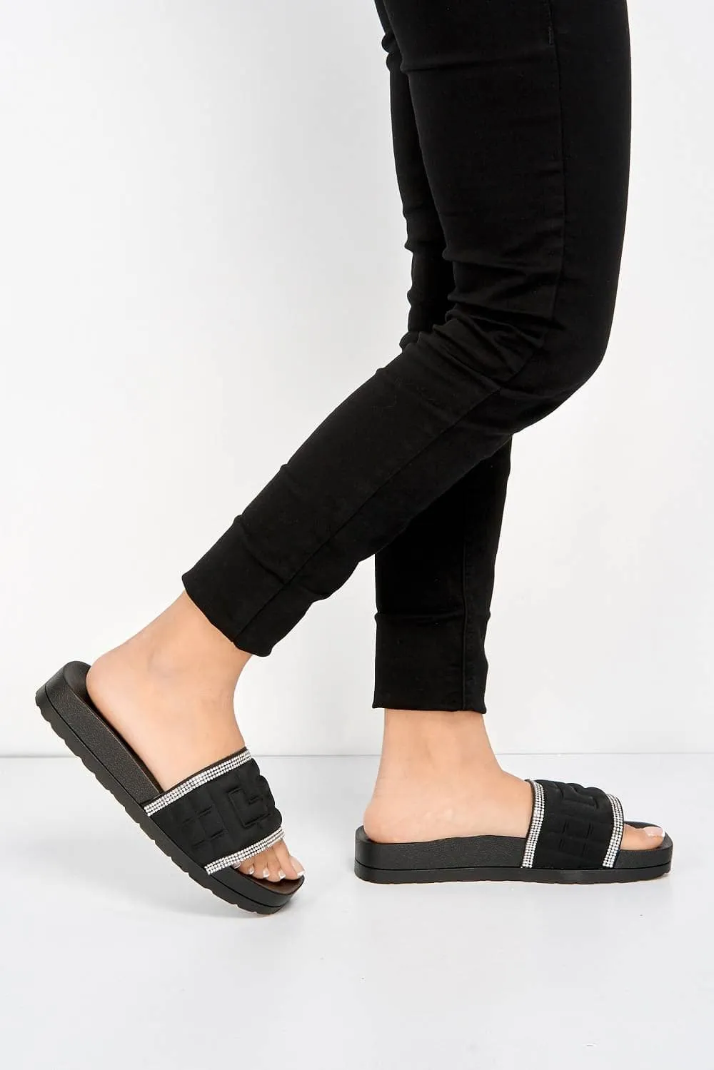 Lisbon Padded Diamante Trim Slider in Black