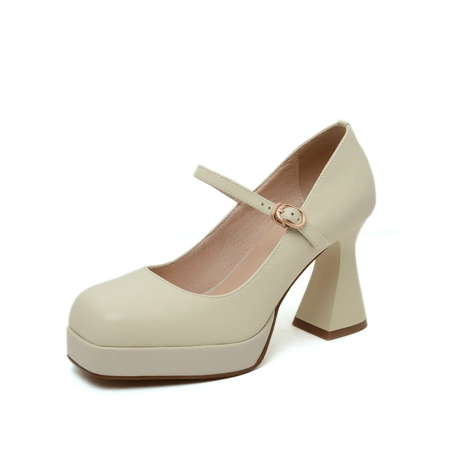 TinaCus Women's Square Toe Genuine Leather Handmade Platform Chic High Chunky Heels Pumps Shoes with Buckle