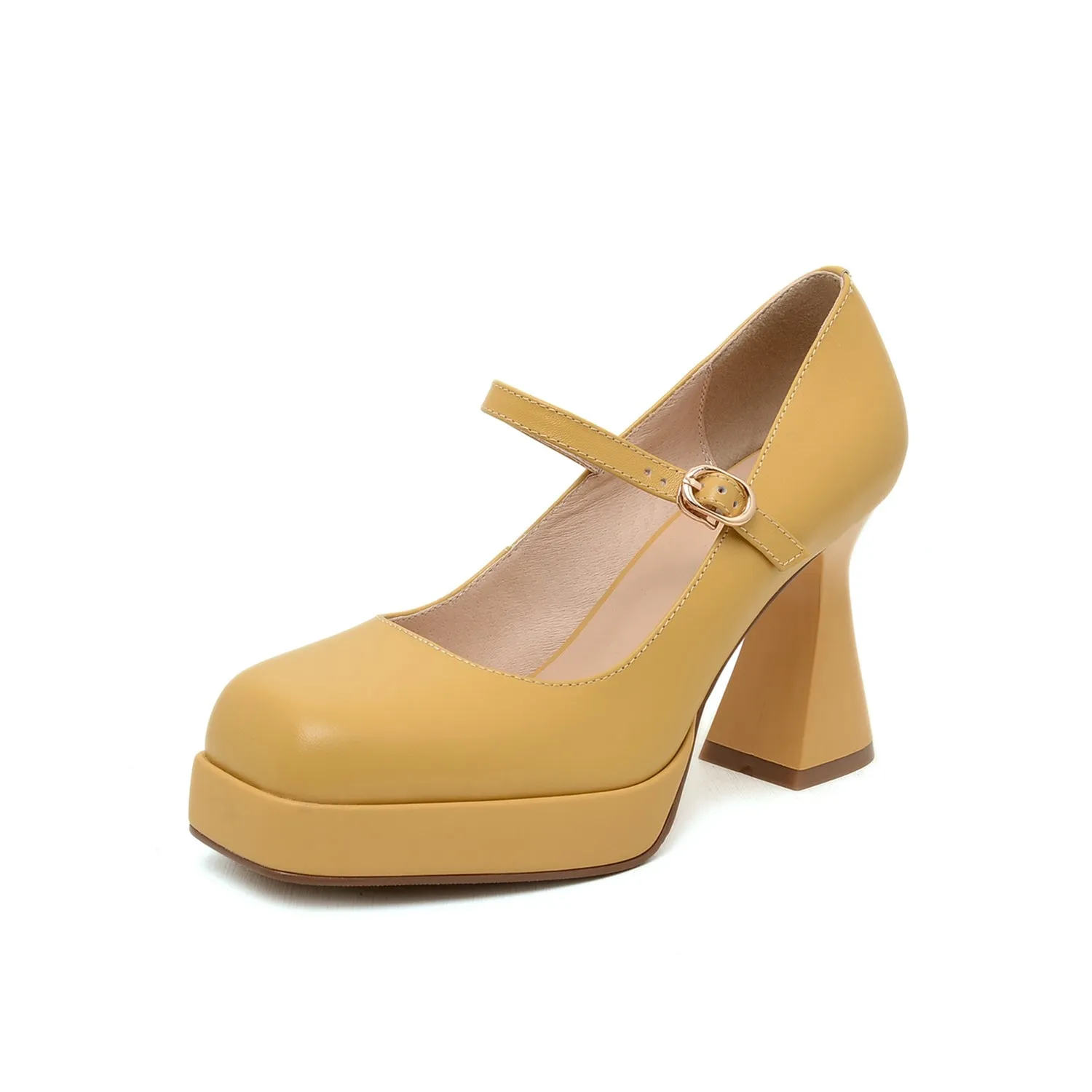 TinaCus Women's Square Toe Genuine Leather Handmade Platform Chic High Chunky Heels Pumps Shoes with Buckle
