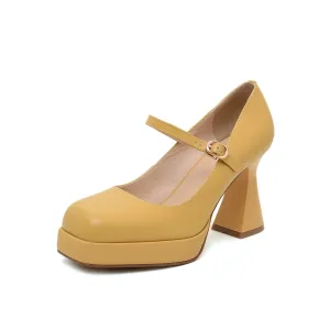TinaCus Women's Square Toe Genuine Leather Handmade Platform Chic High Chunky Heels Pumps Shoes with Buckle
