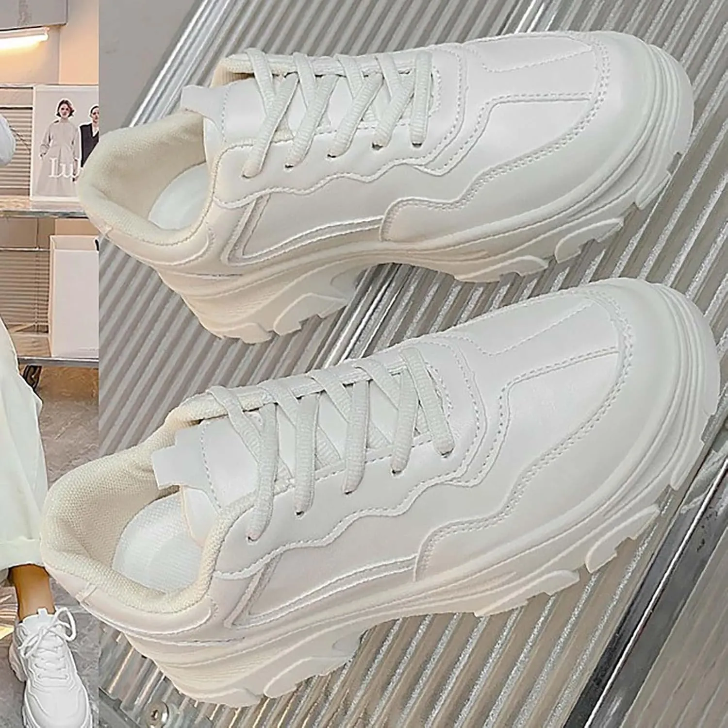 Women Chunky Platform Casual Lace-Up Walking Sneakers Fashion Leather Casual Wedge Walking Sport Dad Shoes