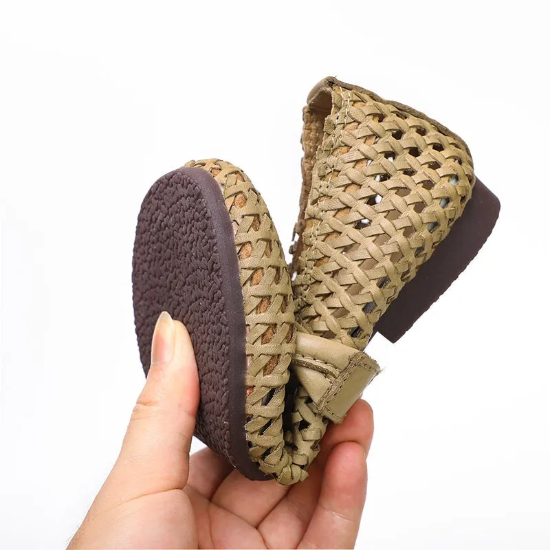 Woven Leather Mary Jane Flats in Khaki