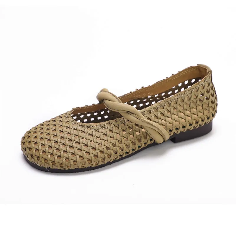 Woven Leather Mary Jane Flats in Khaki