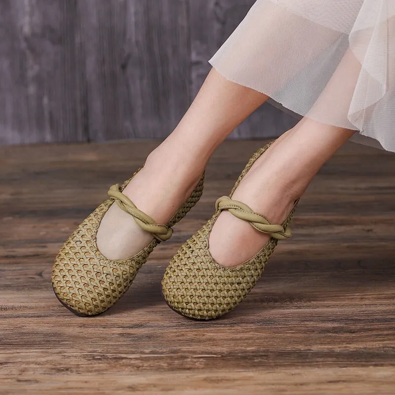 Woven Leather Mary Jane Flats in Khaki