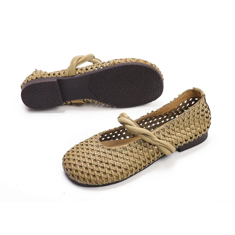 Woven Leather Mary Jane Flats in Khaki