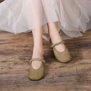 Woven Leather Mary Jane Flats in Khaki