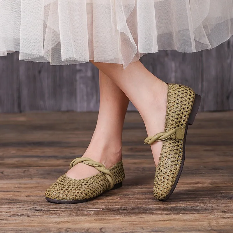 Woven Leather Mary Jane Flats in Khaki